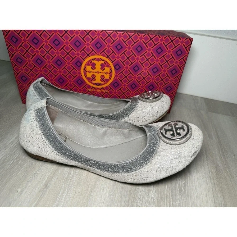Tory Burch Ballet Flats White Glitter Embellished Logo Women Size 8M